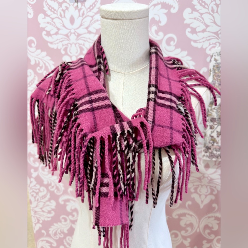 Burberry Pink Cashmere Nova Check Fringe Scarf